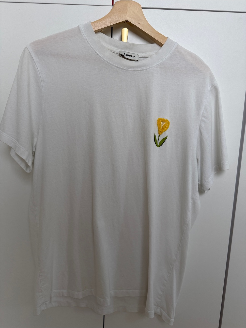 Sandro White Short-Sleeve Tee with Yellow Tulip Embroidery